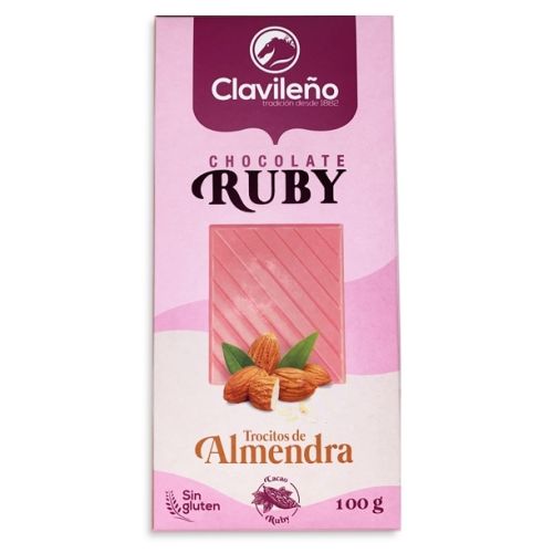 Chocolate Ruby Rosa con Trocitos de Almendra 100g - El Clavileño - chocolate rosa 