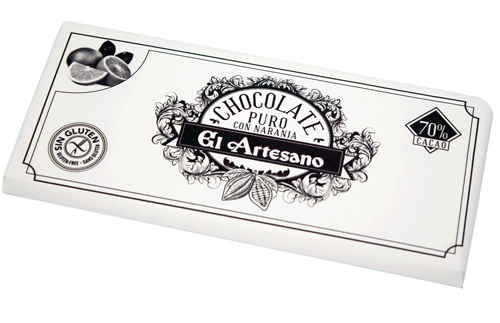 Tableta de Chocolate puro 70% cacao con naranja 125g - El Artesano.