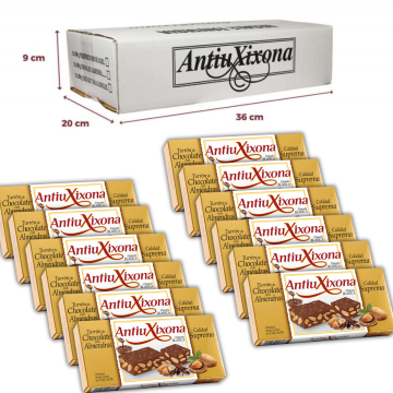Caja de 12 unidades de Turrón de Chocolate con Almendras Antiu Xixona etiqueta blanca 200gr