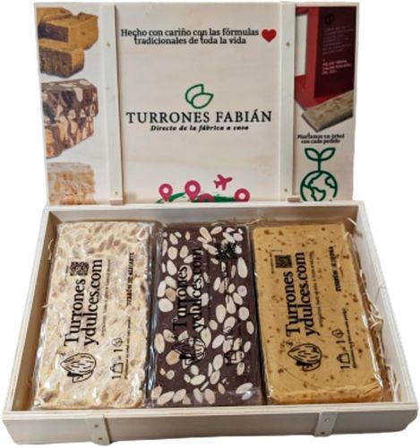 Lote de 3 Turrones Artesanos en Caja de Madera (Jijona, Alicante y Chocolate con Almendras) 3 x 300g