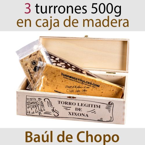 Lote de 3 Turrones de 500 gramos en Baúl de Chopo (Jijona, Alicante,Chocolate c/Almendras)