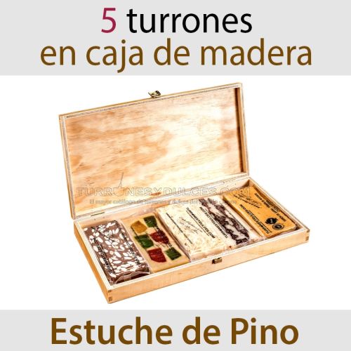 Lote de 5 Turrones Artesanos en Estuche de Pino (Jijona, Alicante, Yema Tostada, Chocolate c/almendras, Turrón a la Piedra)