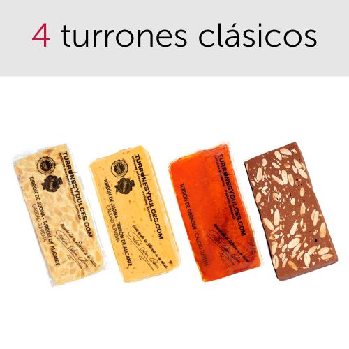 Pack de turrones clásicos: Jijona (blando), Alicante (duro), Yema Tostada y turrón de Chocolate con Almendras (con leche o puro)